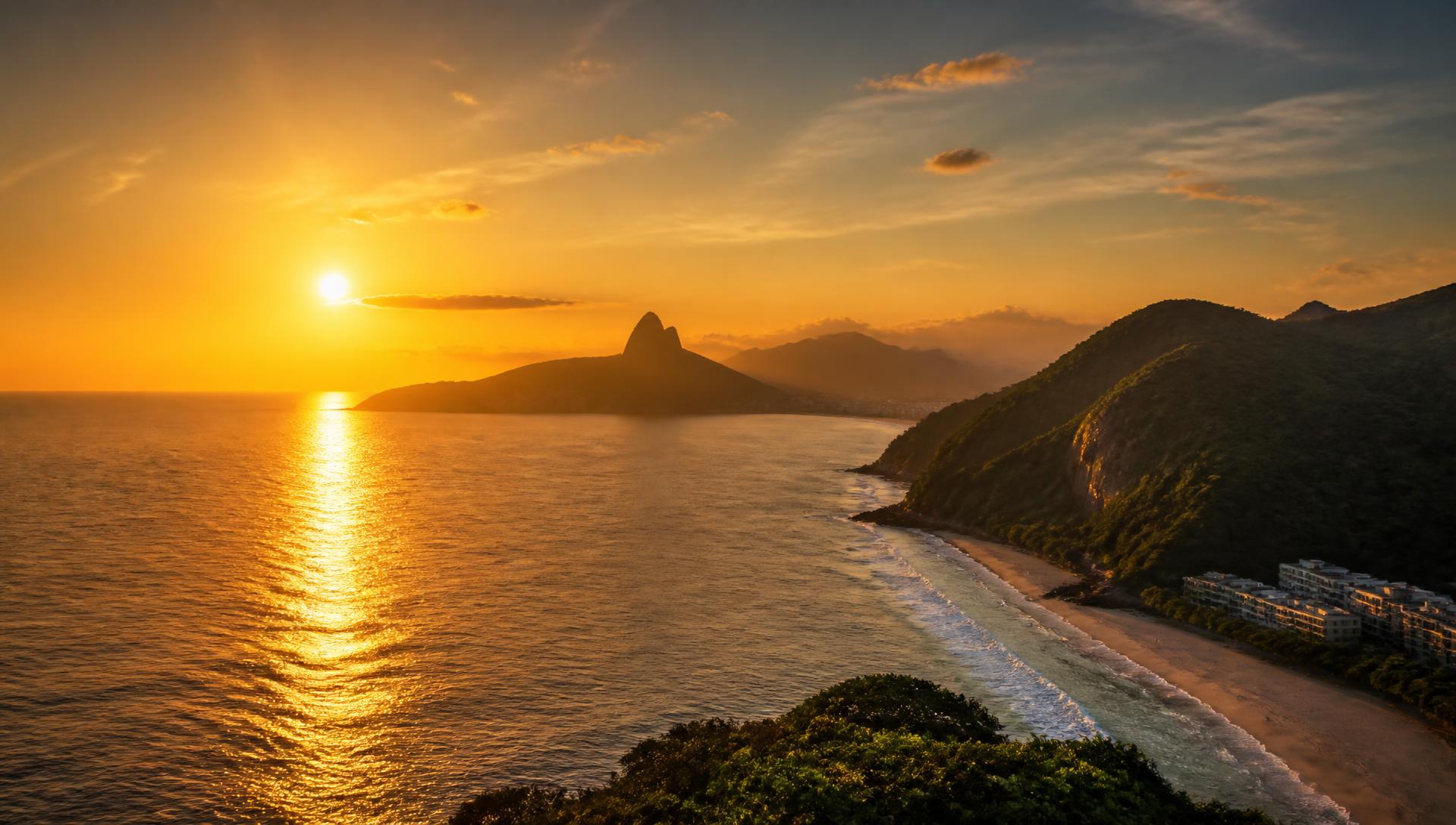 Pôr do sol dourado sobre o litoral paulista